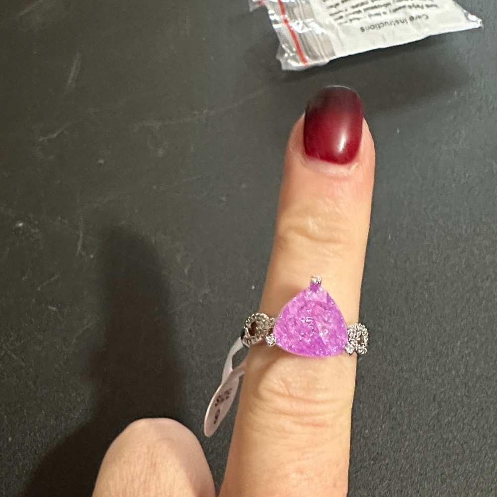 Bomb party lab created lavender ice crystal on rhodium plating size 9 ring
